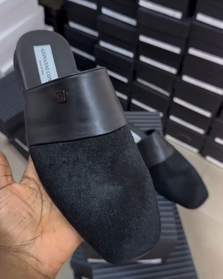 Black Suede Patchwork Leather Slippers