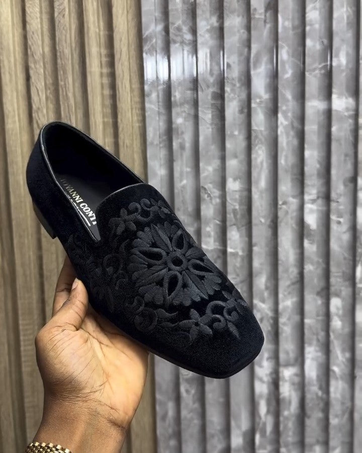 Embroidered Suede Black Loafer