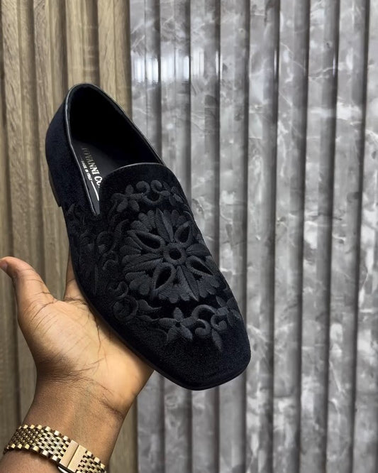 Embroidered Suede Black Loafer