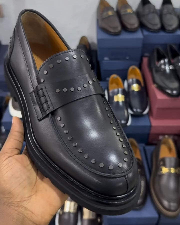 Black Leather Studded Loafer