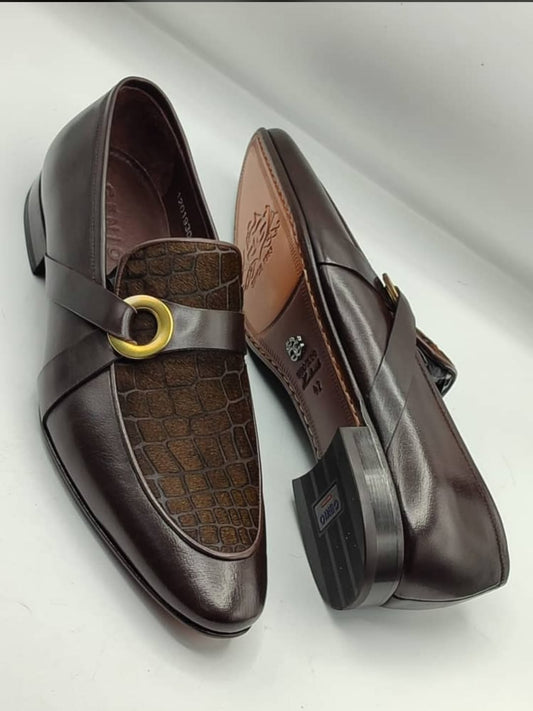 Brown Leather Round Metal Side Buckle Loafers