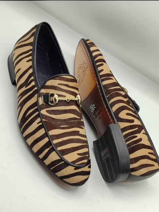 Brown Zebra Print Metal Button Loafer