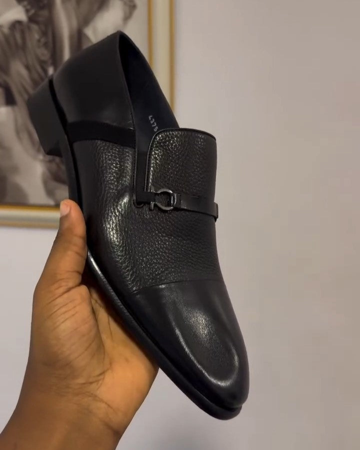 Men's Black Single Buckle Casual Leather Shoes