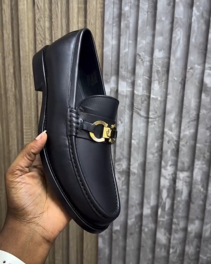 Black Leather Metal Double Buckle Loafer