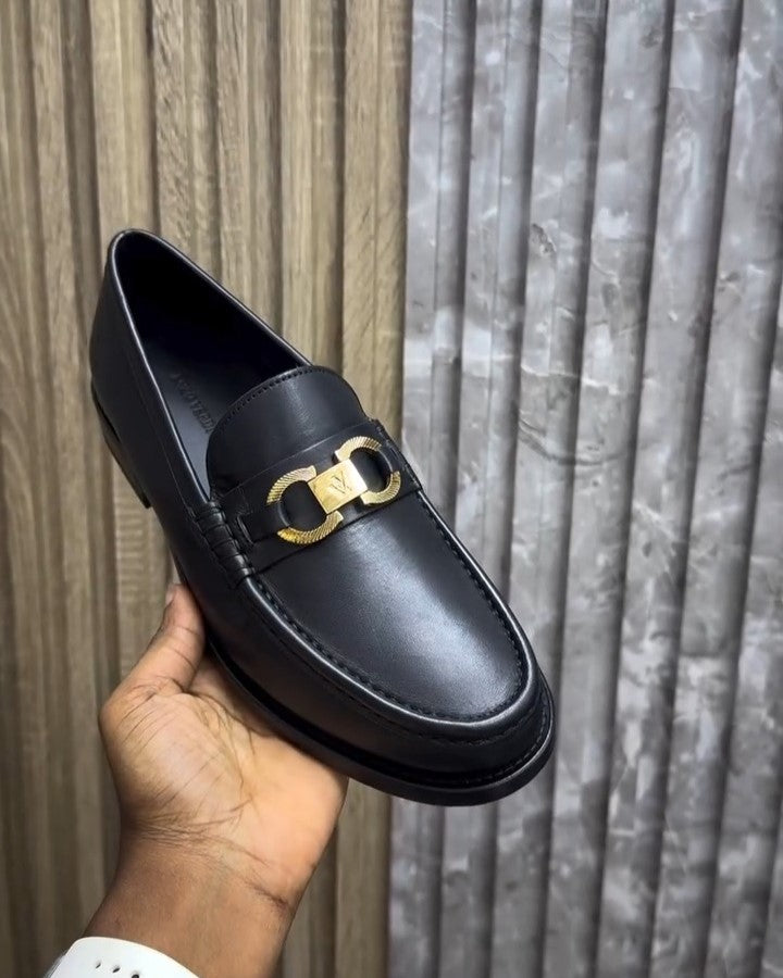Black Leather Metal Double Buckle Loafer