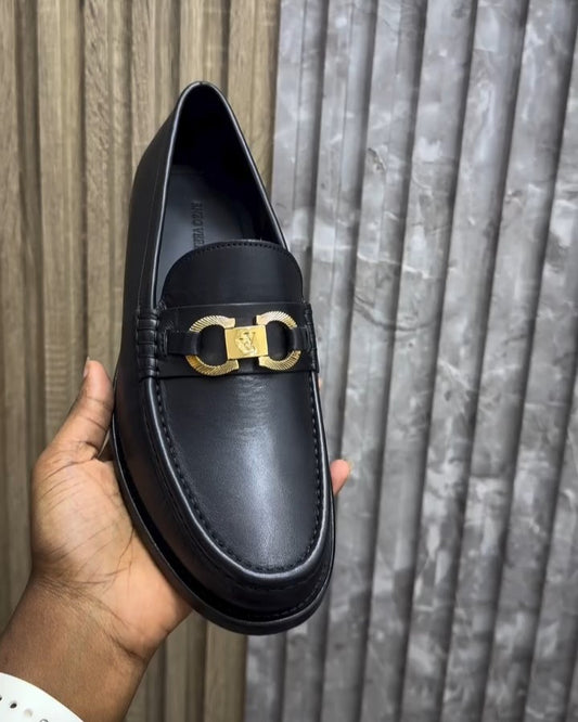 Black Leather Metal Double Buckle Loafer