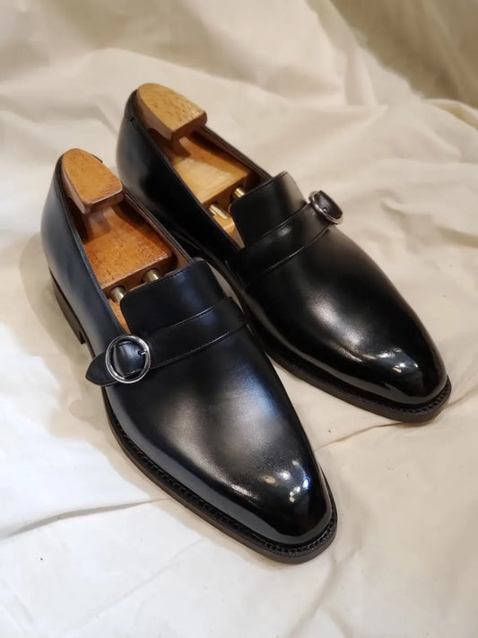 Round Side Buckle Black Casual Leather Shoes