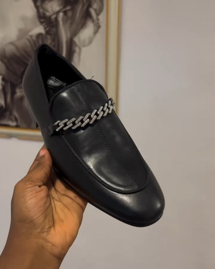 Diamond-studded Black Leather Loafer