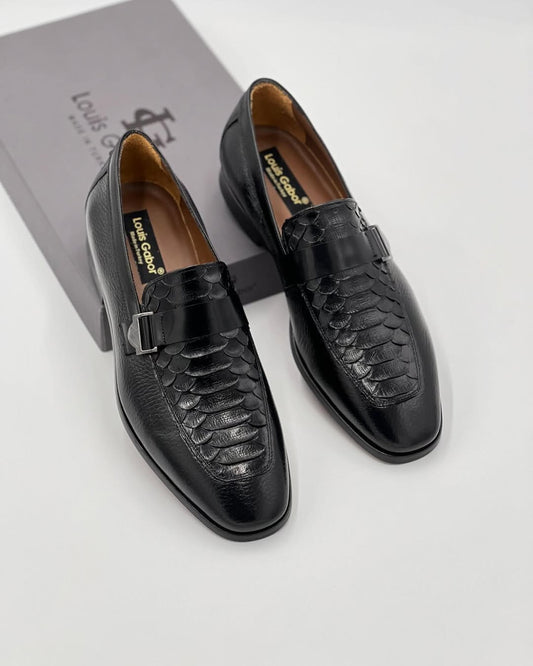 Men's Black Crocodile Leather Side Buckle Shoes