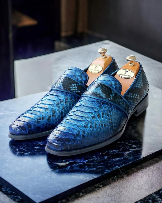 Men’s Turquoise Blue Hand-Painted Python Skin Loafers