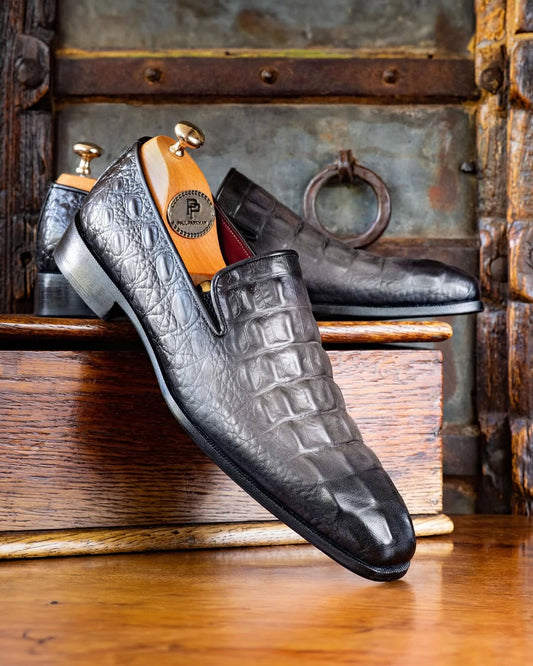 Gray Crocodile-grain Leather Loafers