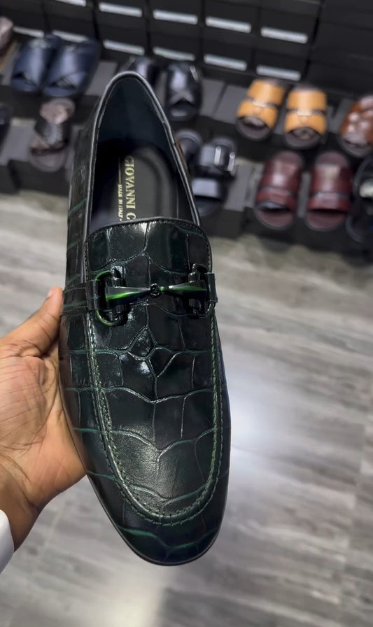 Black Leather Green Crackle Loafers