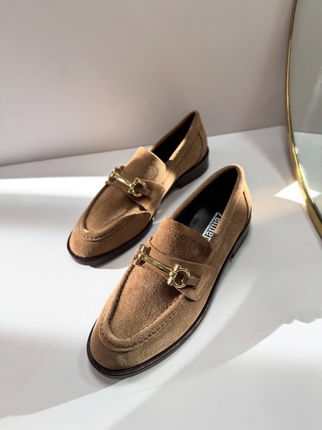 Men's Metal Buckles Khaki Suede Loafers