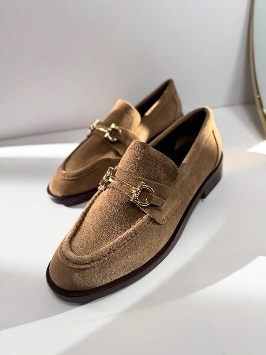 Men's Metal Buckles Khaki Suede Loafers