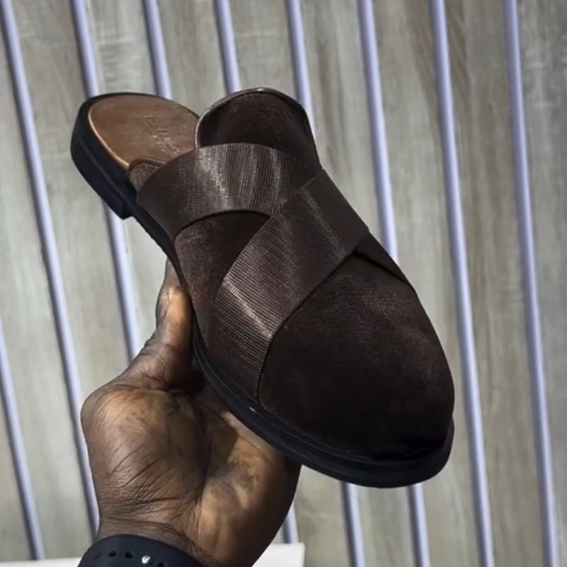 Handmade Men's Suede Brown Half Slippers