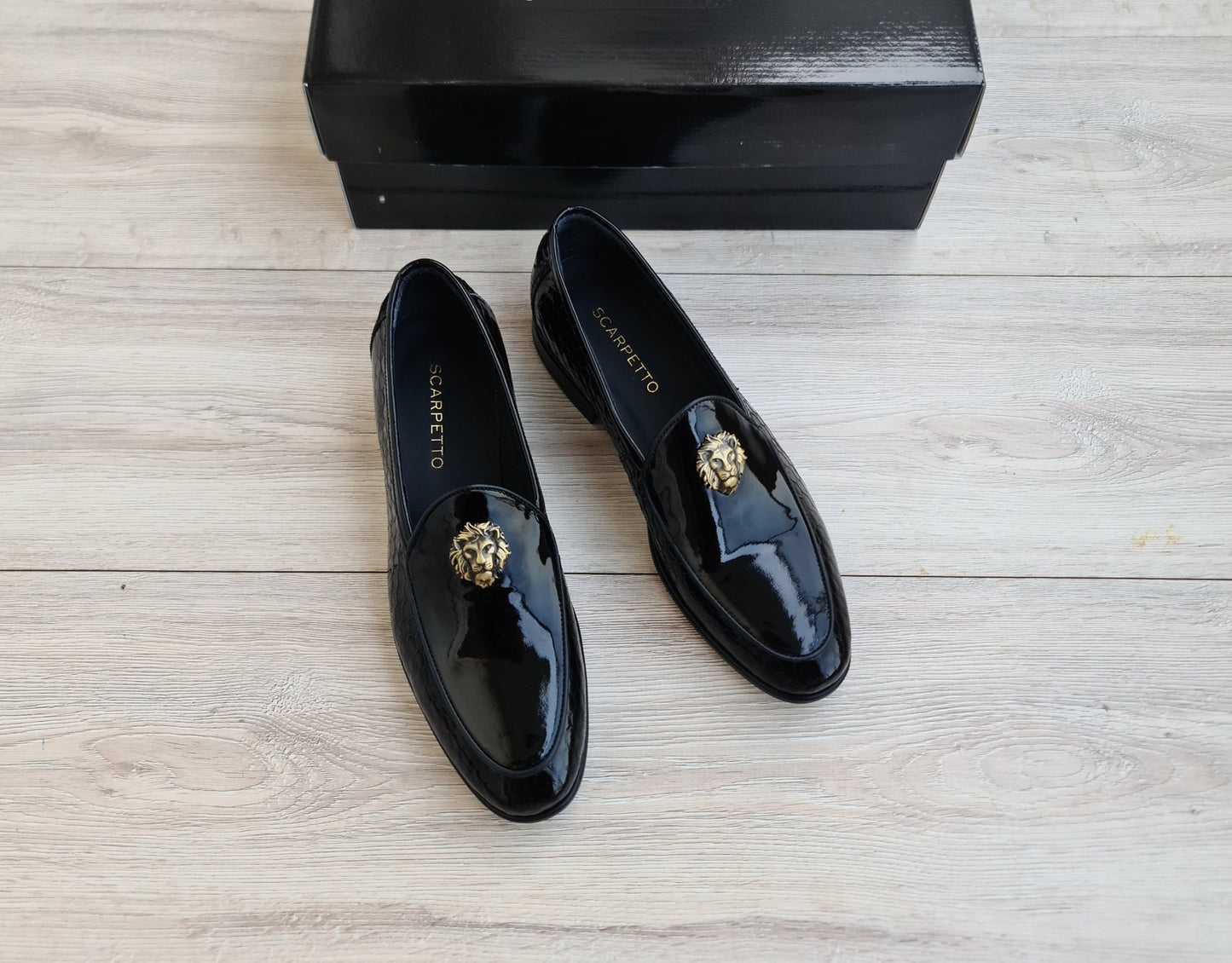 Men's Patent Leather Loafers - Lion Head Buckle