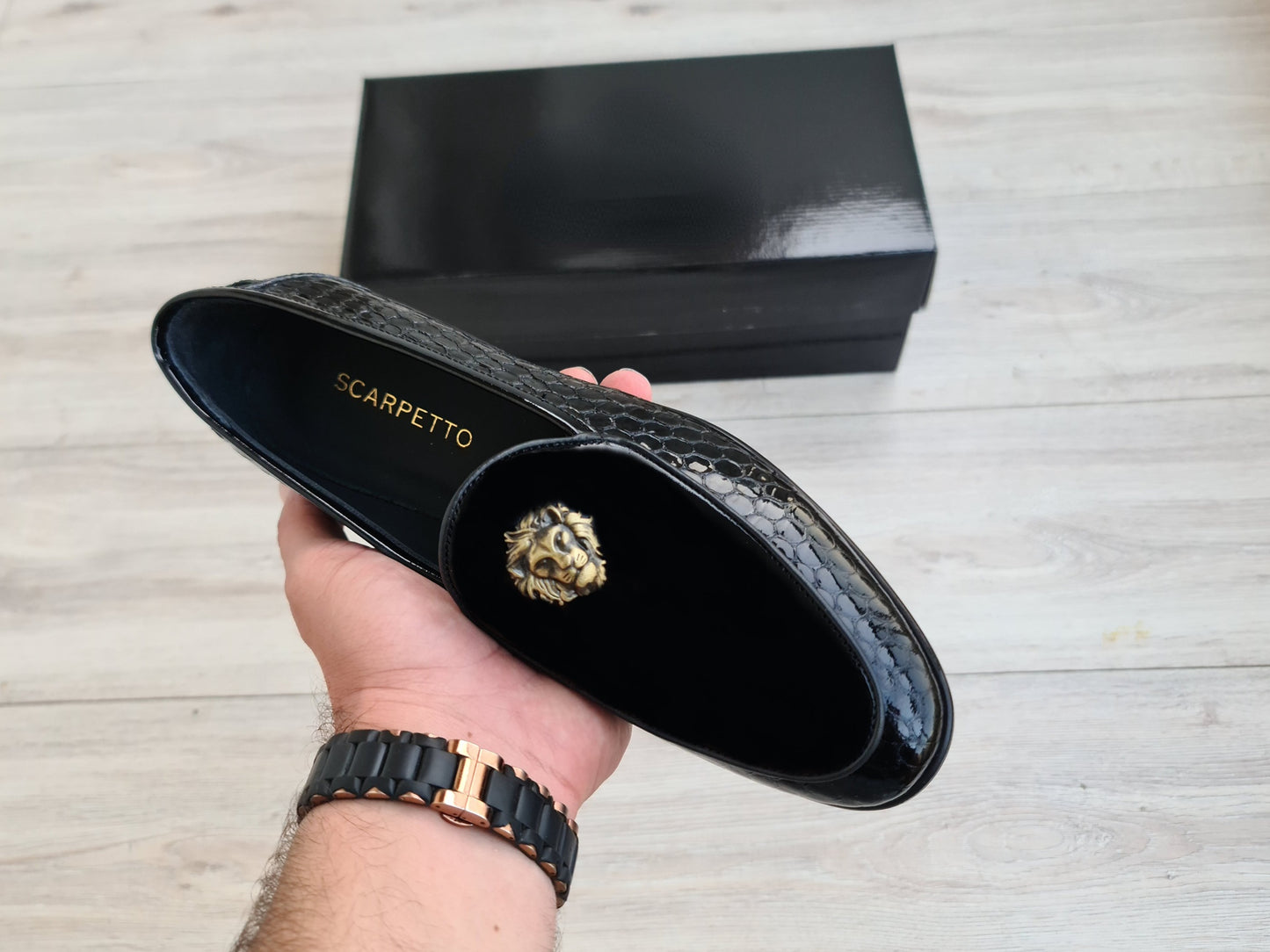 Men's Patent Leather Loafers - Lion Head Buckle