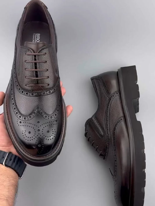 Men's Black Brogue Carved Thick Sole Dress Shoes