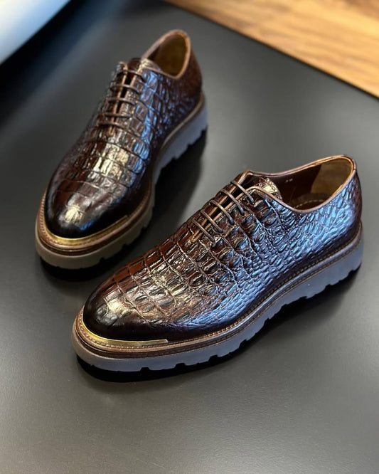 Men's Crocodile Leather Coffee Casual Shoes