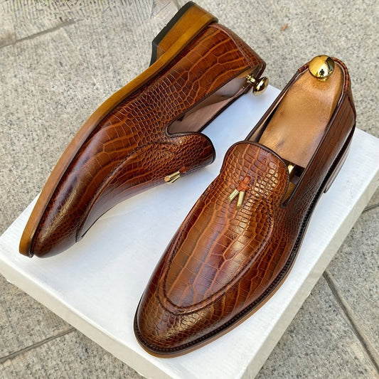 Handmade Crocodile Pattern Brown Leather Shoes