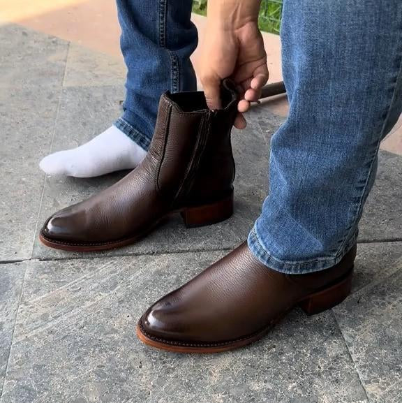 Men's Handmade Zipper Thick Heel Square Toe Leather Boots