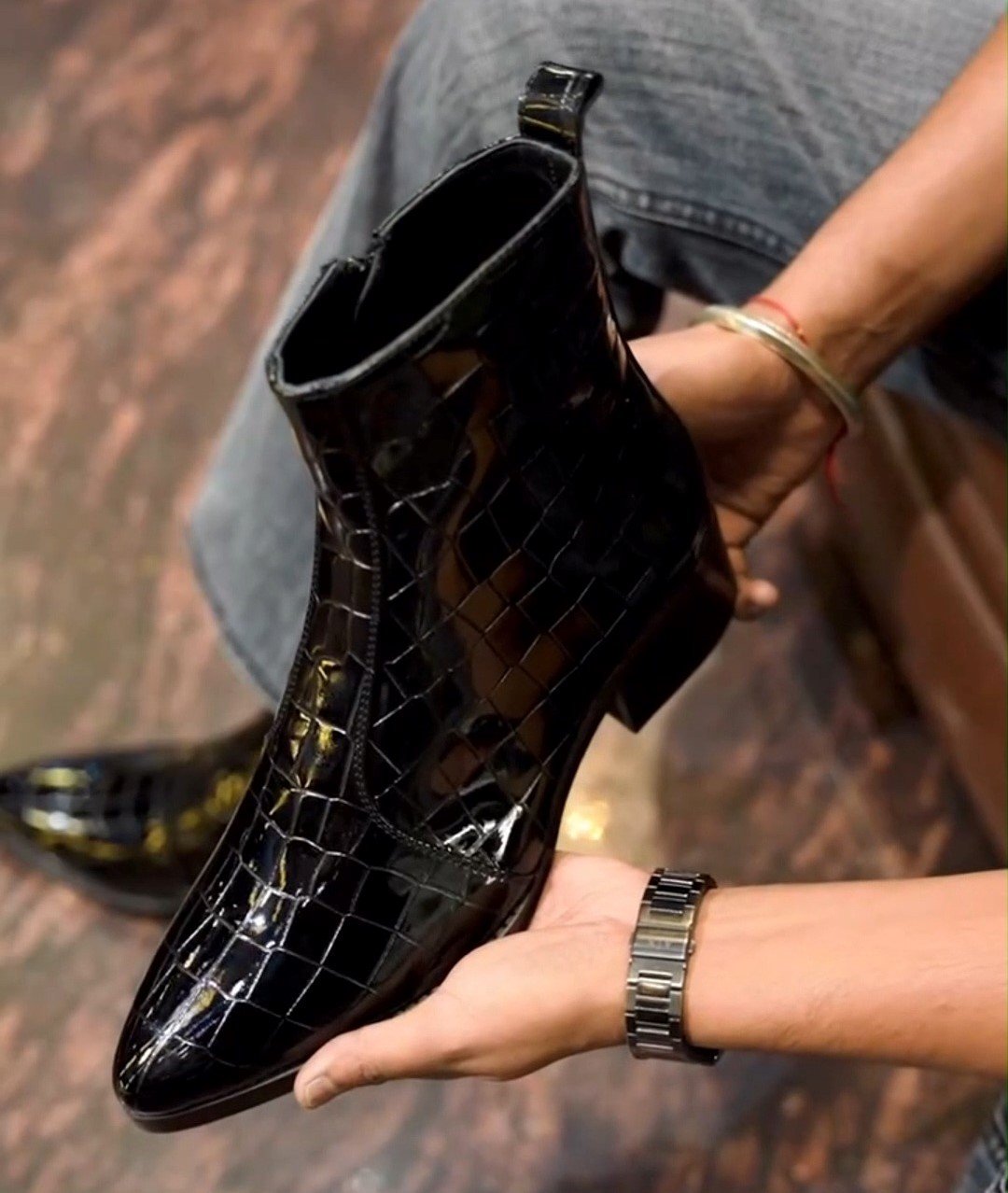 Black Patent Croc Boots