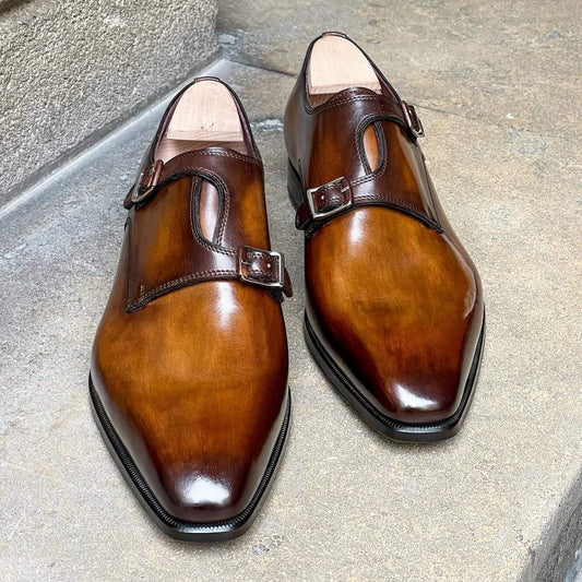 Brown Asymetrical Double Monk Straps Shoes