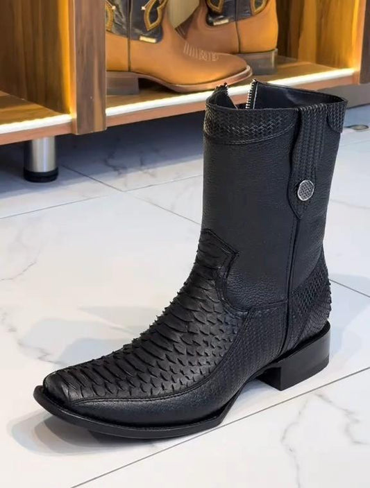 Men's Black Crocodile Pattern Square Toe High Boots