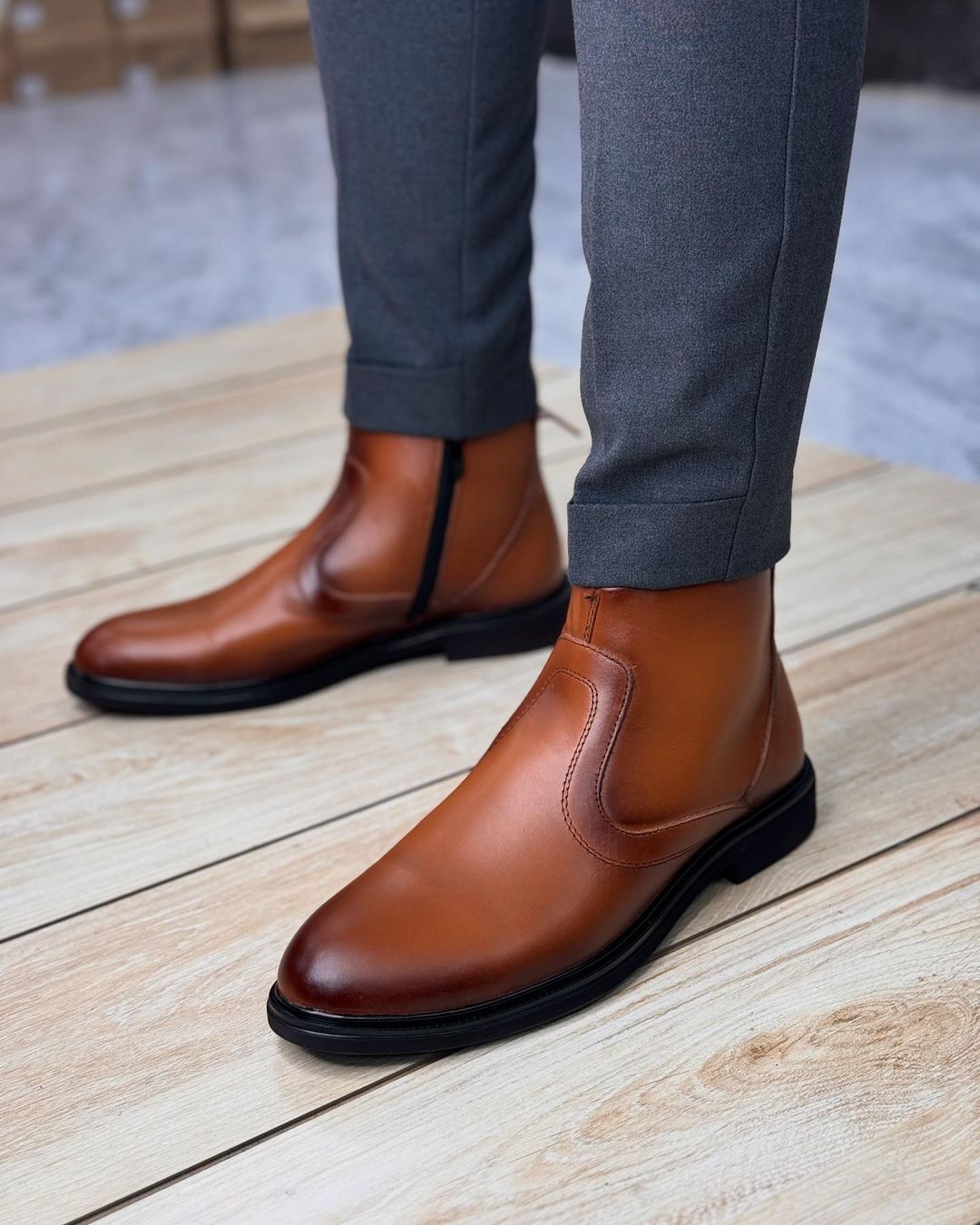 Men's Natural High Quality Zippered Leather Boots