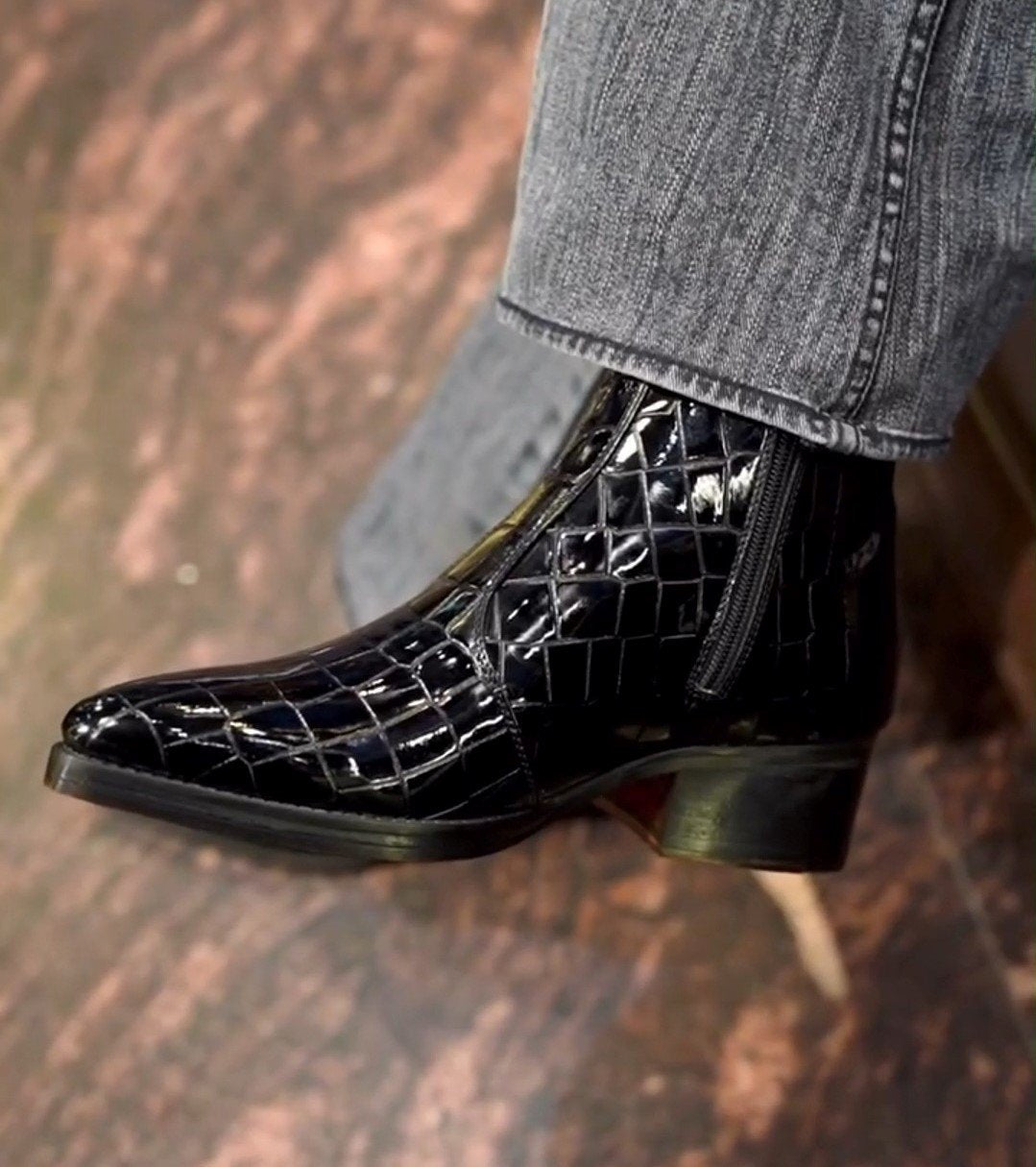 Black Patent Croc Boots