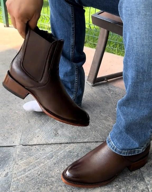 Men's Handmade Zipper Thick Heel Square Toe Leather Boots