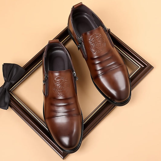 Men's Lion Head Zipper Pointed Toe Leather Shoes