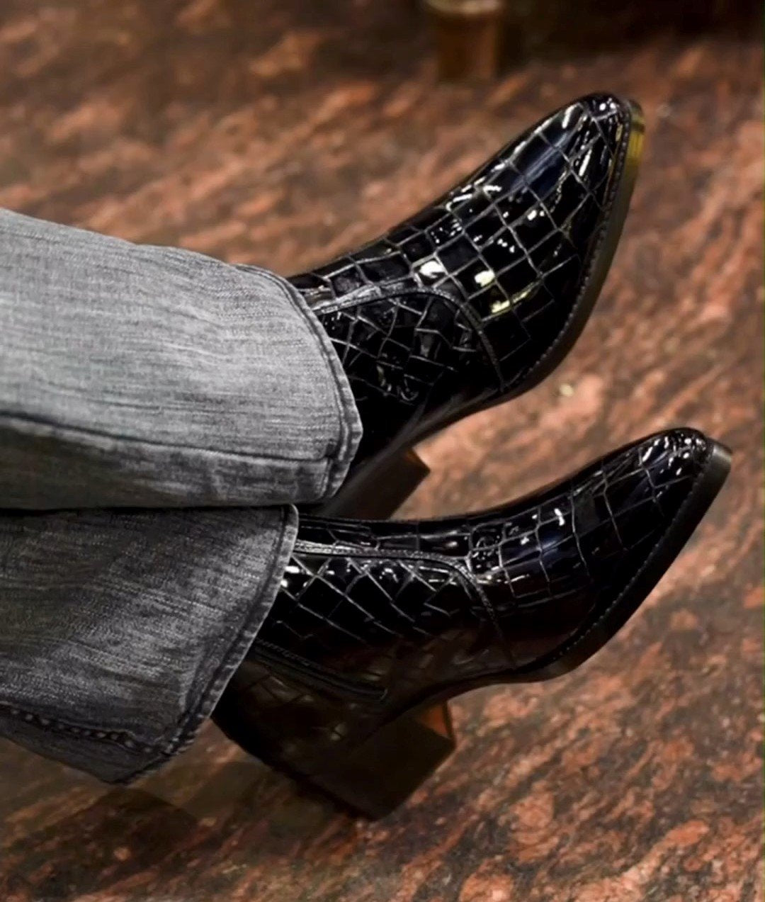 Black Patent Croc Boots