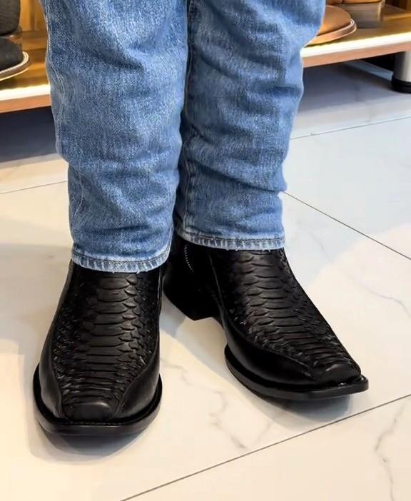 Men's Black Crocodile Pattern Square Toe High Boots