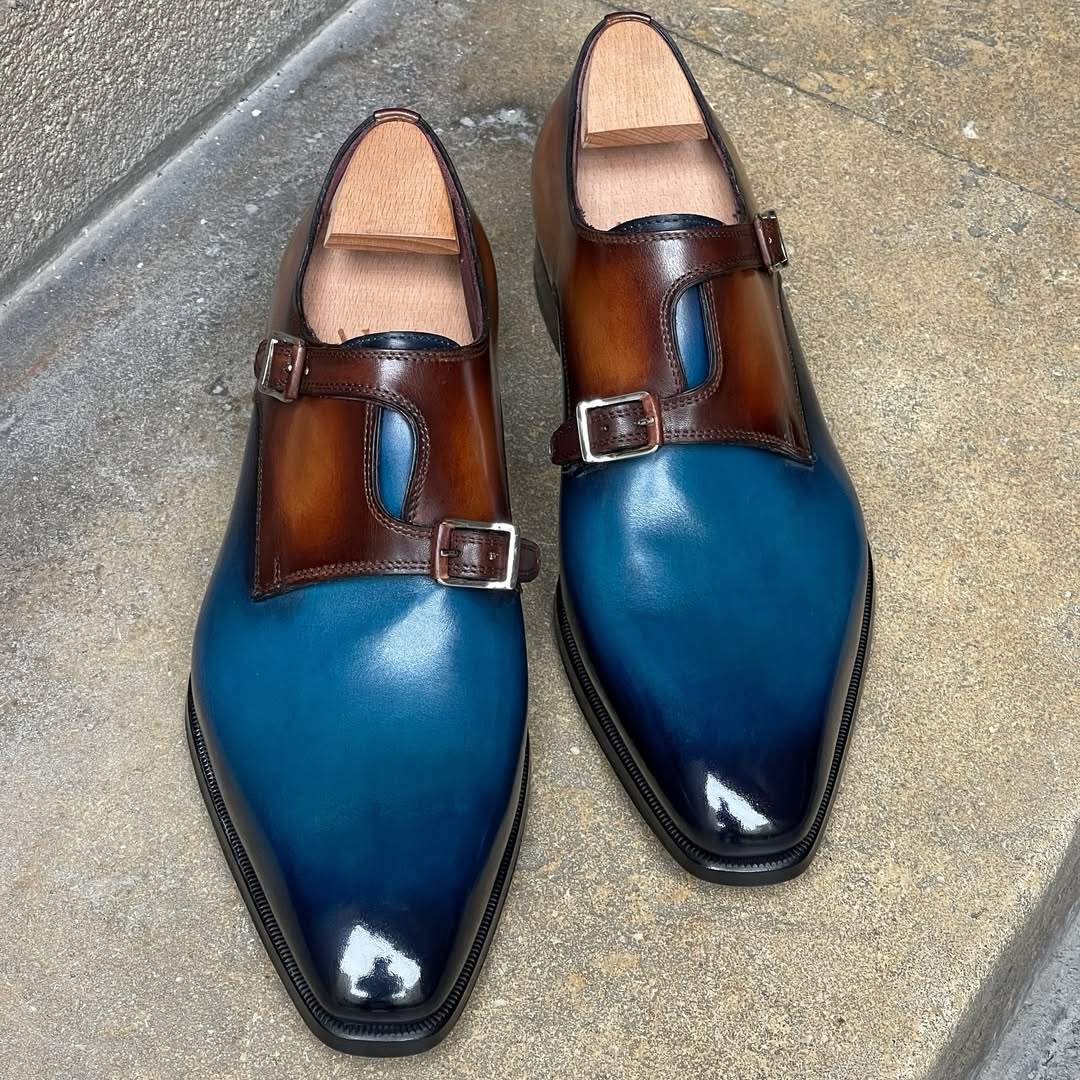 Asymmetrical Double Monk Straps Leather Shoes
