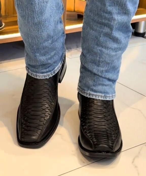 Men's Black Crocodile Pattern Square Toe High Boots