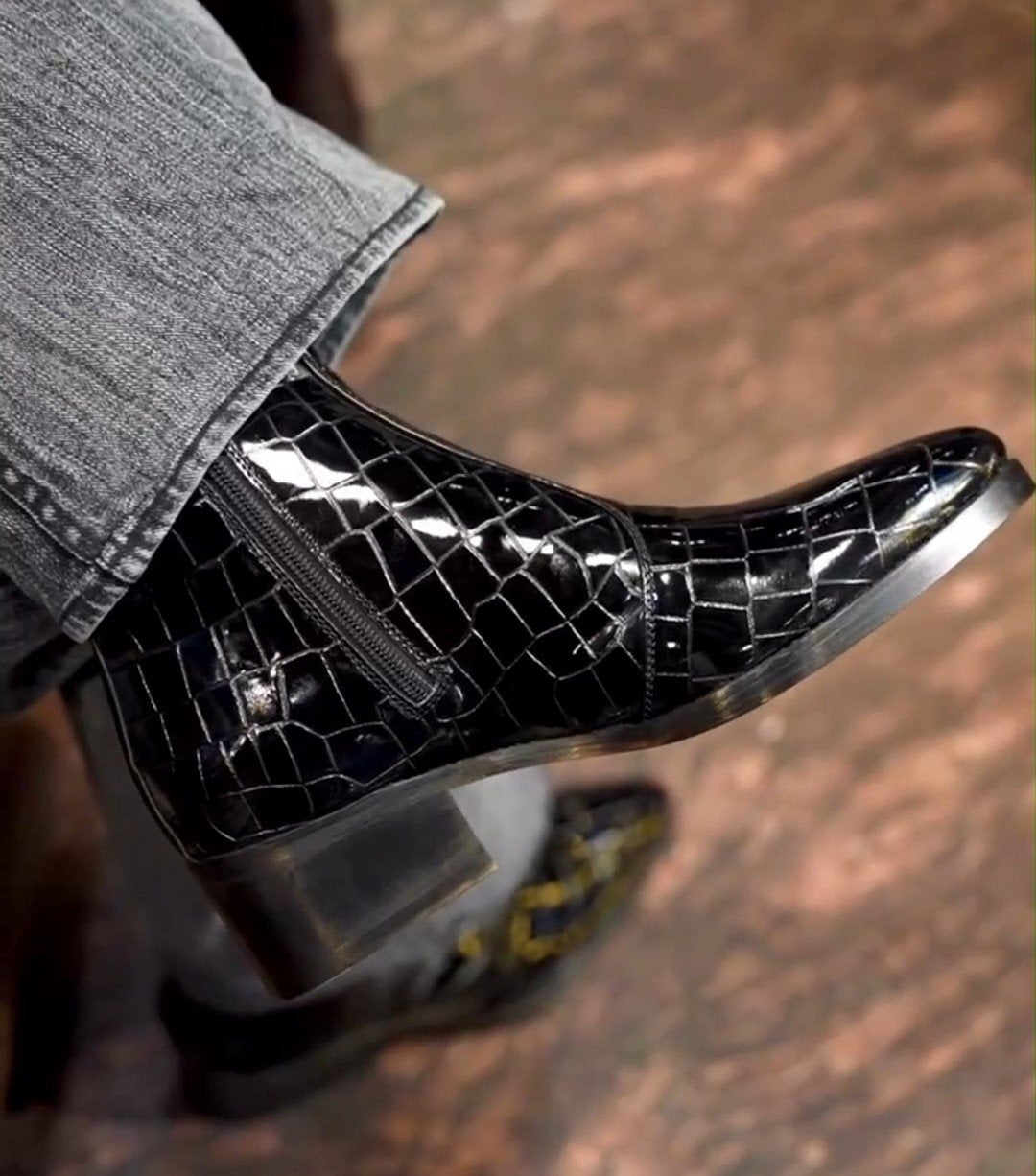 Black Patent Croc Boots